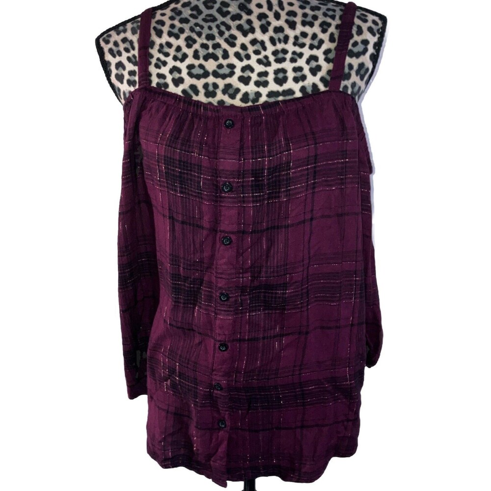 Torrid Top Blouse Size 1 Red Flannel Cold Shoulder Maroon Black